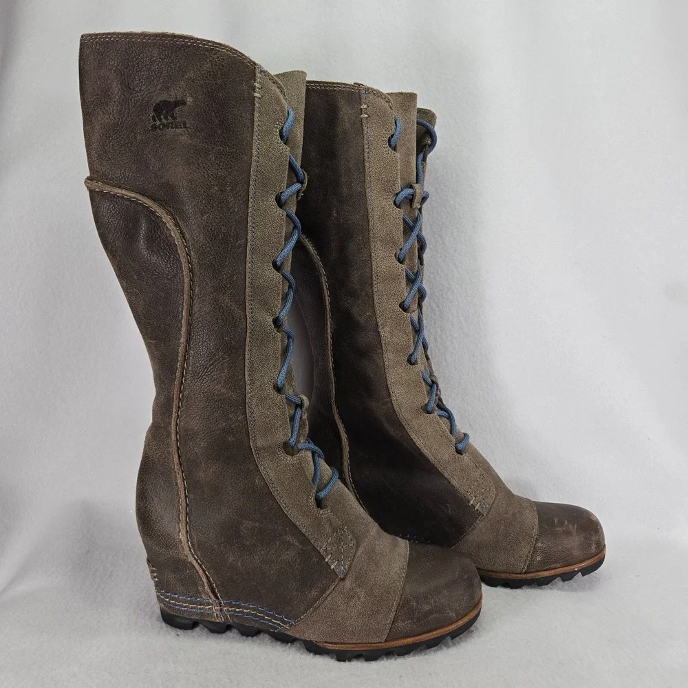 Sorel Boots Womens 9.5 Brown Gray Cate The Great Leather Hidden Wedge Waterproof